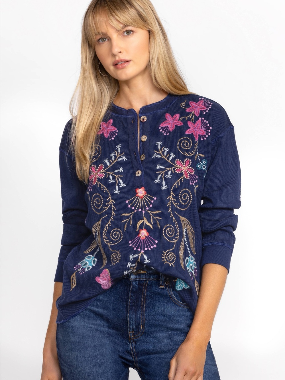 NWT Johnny Was Thermal Embroidered Henley - Sisa, Navy, XS